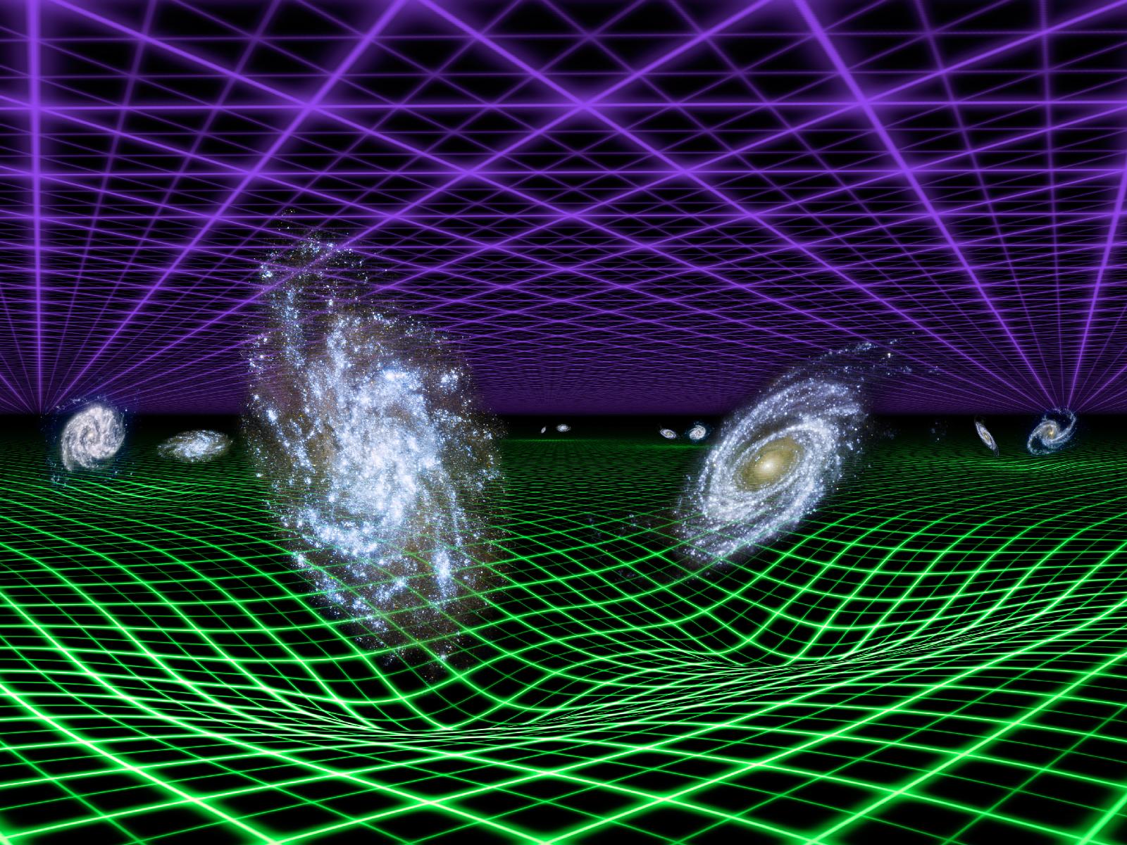 Artistic 3D rendering of galaxies sitting on a warped green gravitational grid beneath an expanding purple grid representing cosmological acceleration.