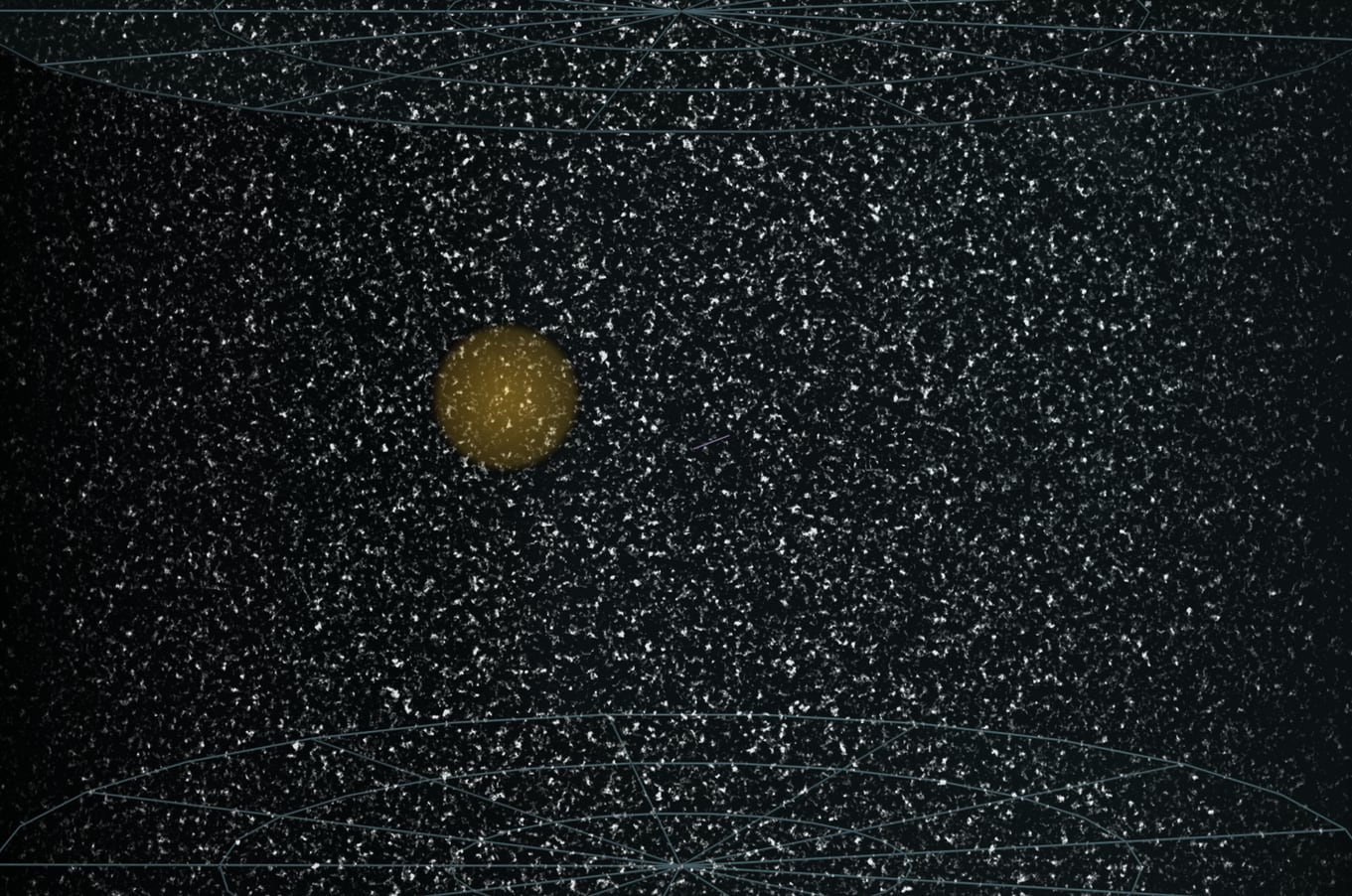 Cosmological diagram showing a golden sphere representing the observable universe with Earth at the centre, embedded within a much larger dark expanse of hypothetical unobserved galaxies.