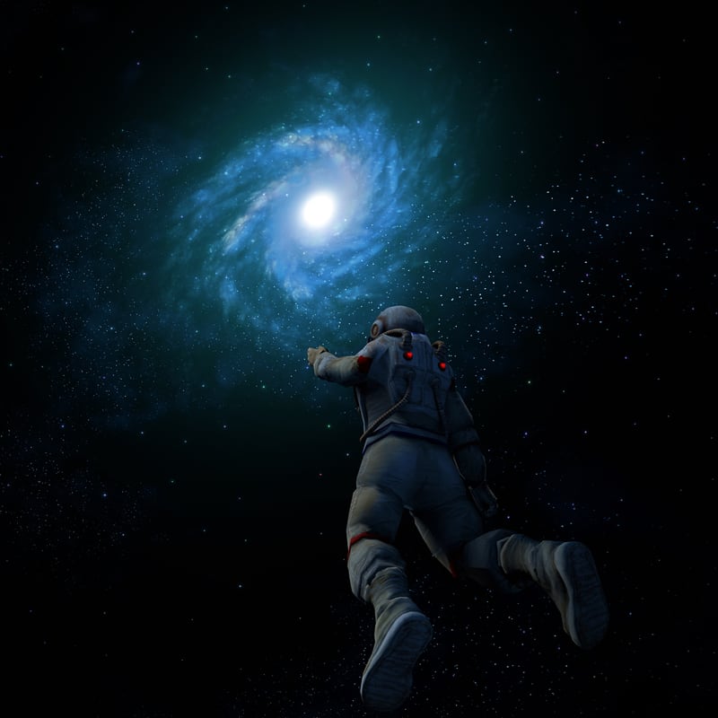 Artwork of an astronaut in a spacesuit floating in deep space with outstretched arm towards a glowing blue spiral galaxy.