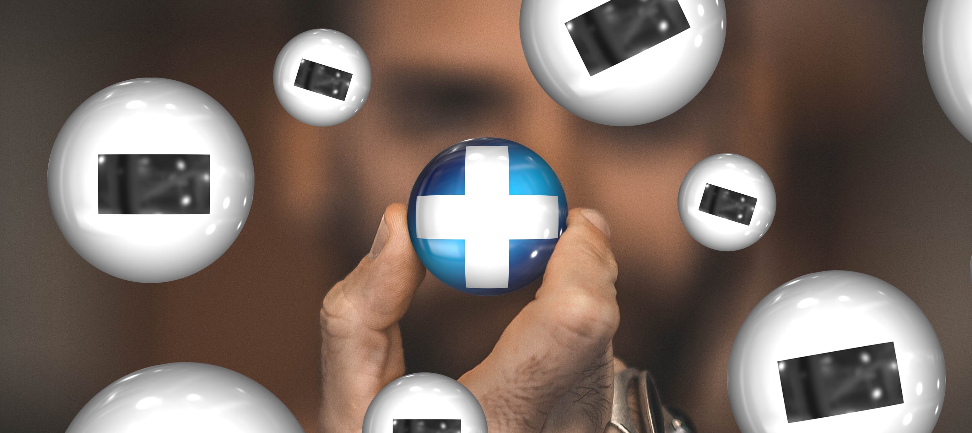 Conceptual artwork showing hands holding a central blue sphere with a white plus sign, surrounded by floating white spheres bearing minus signs.