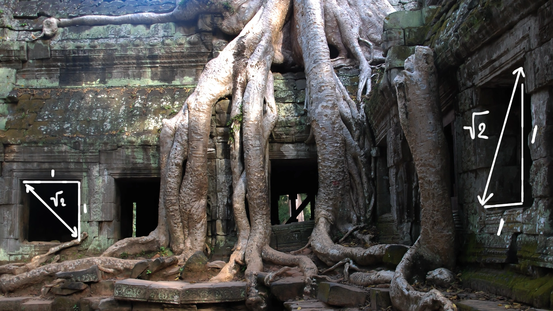 Stone ruins of an ancient temple overgrown by massive tree roots, with geometric right-angled triangles and square root of 2 annotations overlaid on doorways.