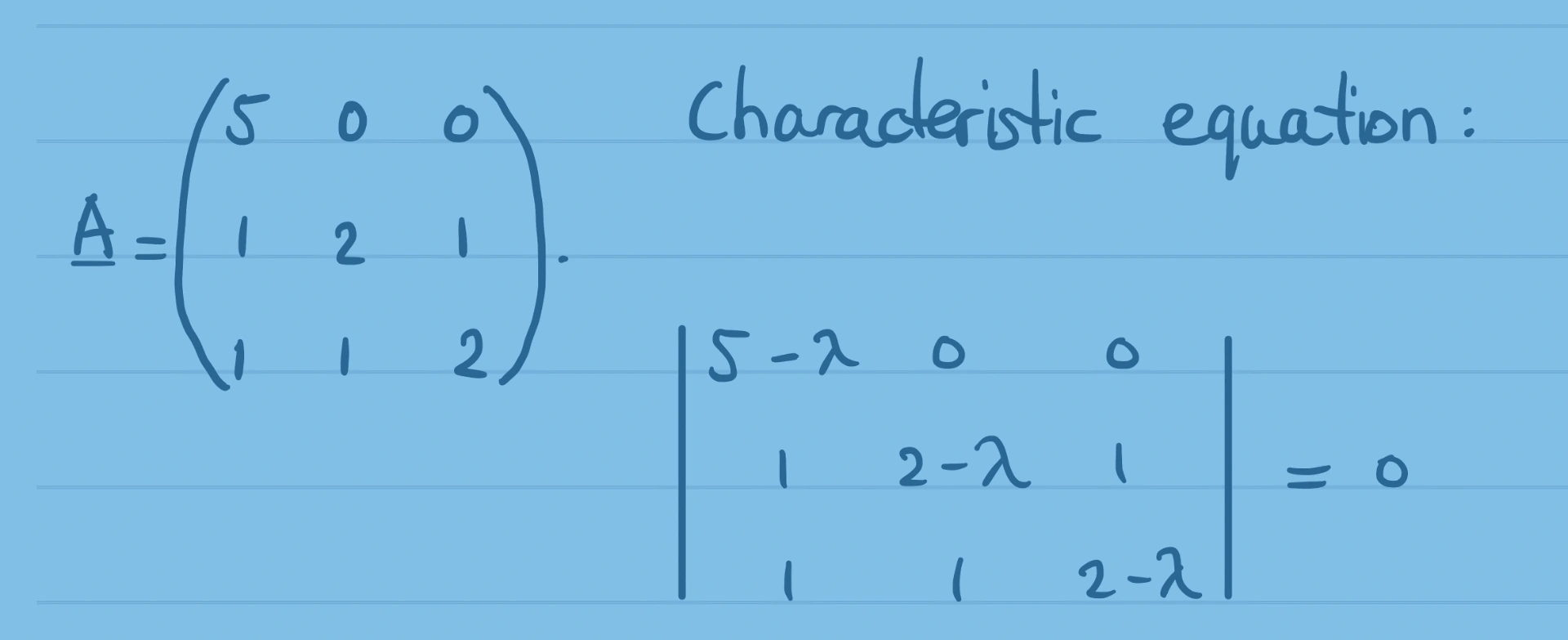 Handwritten mathematical notes on blue lined paper displaying matrix A and setting up the characteristic determinant.