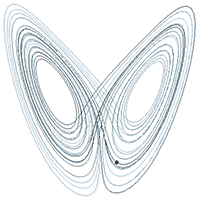 Figure 6. A sample trajectory through phase space plotted near a Lorenz attractor, which Edward Lorenz developed to model atmospheric convection.