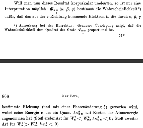 Historical printed German text excerpt from Zeitschrift für Physik page 866 by Max Born, highlighting footnote 1 stating probability is proportional to the square of the function.