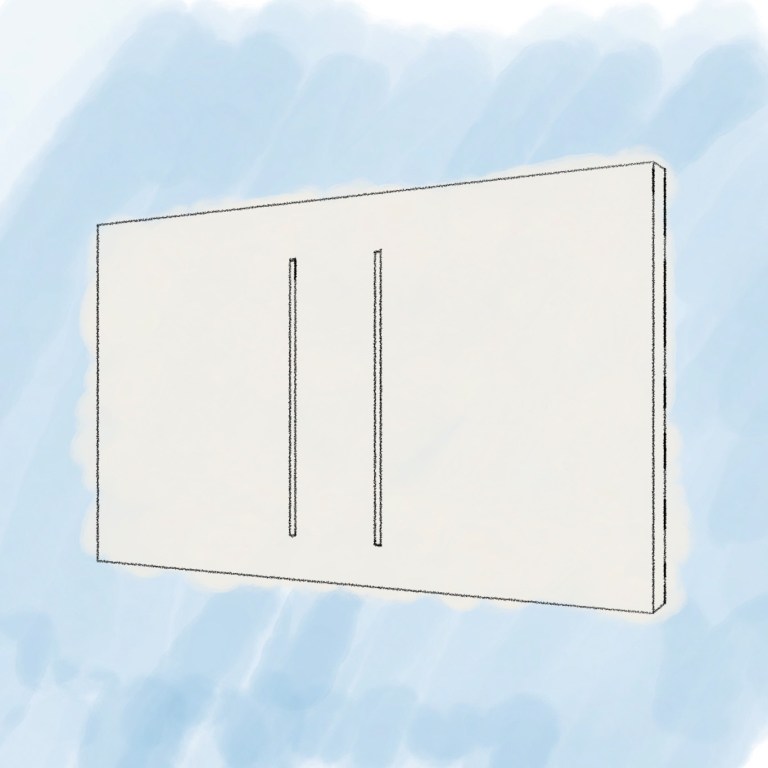 Perspective drawing of a single upright barrier screen with two narrow vertical rectangular slits on a light blue painted background.