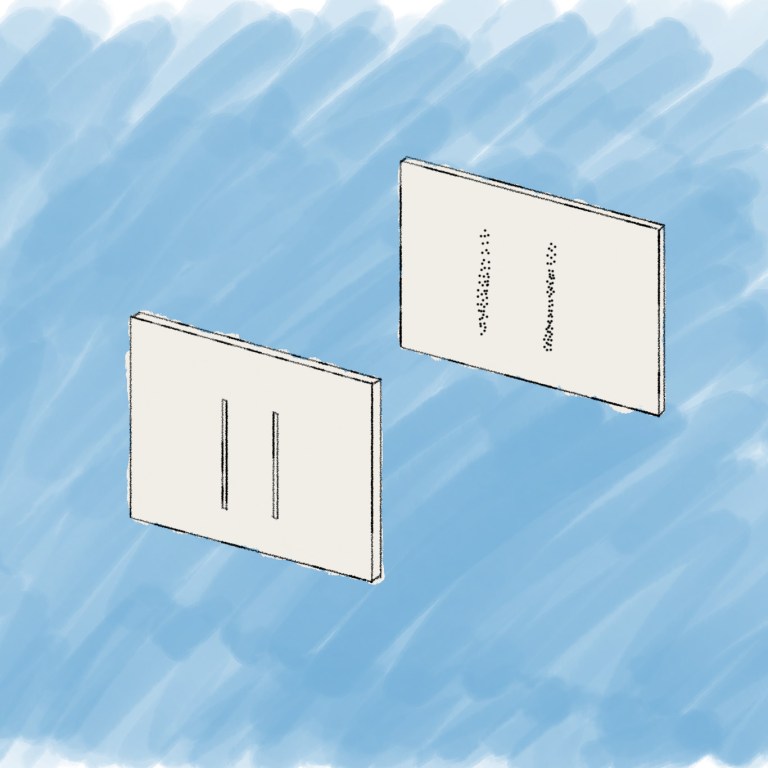 Drawing showing a double-slit screen and a rear detection screen displaying two sharp vertical columns of localized particle impact dots.