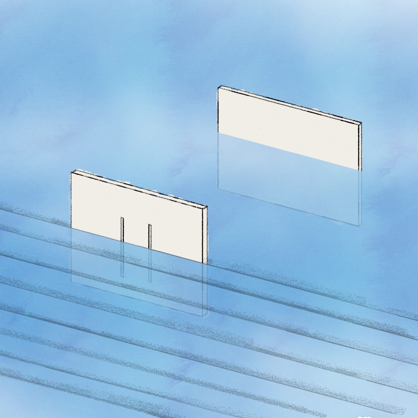 Figure 3. Both screens are now partly submerged in water. Water waves are approaching the first screen.