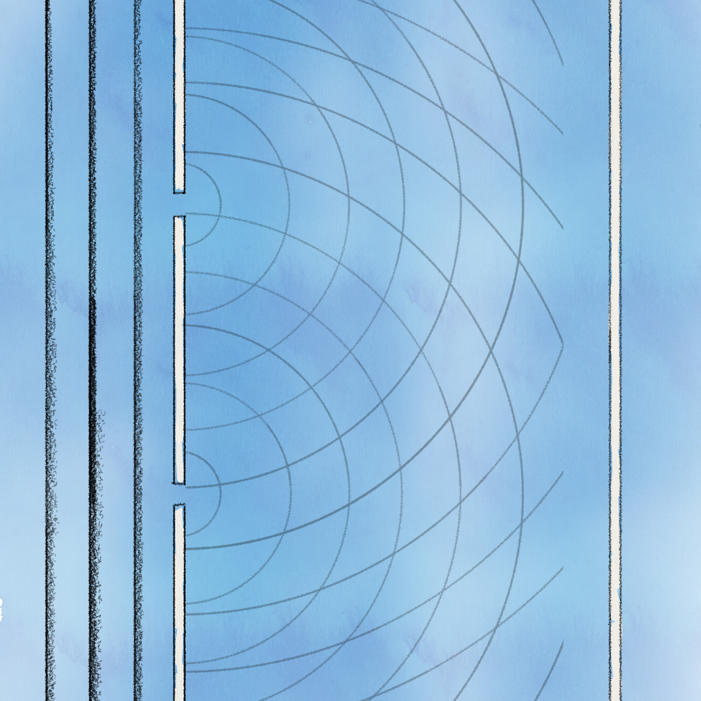 Figure 4. As the waves go through the two slits, they transform into two circularly spreading waves like two stones in a pond.
