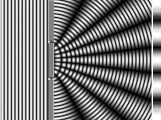 Figure 6. The white areas are where the (amplified) waves hit the second screen, the black areas are the parts where no waves are present due to mutual cancellation
