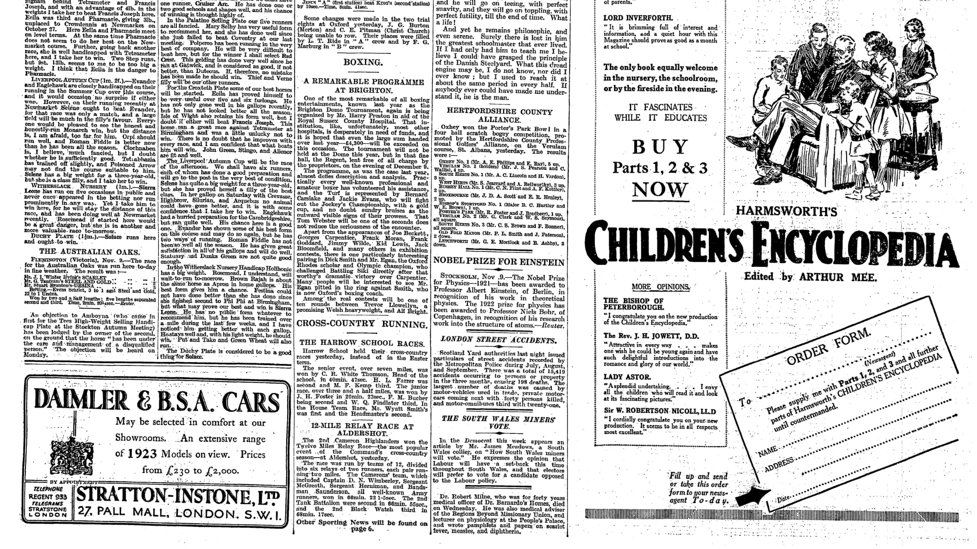 A copy of page 5 of The Times of 10 November 1922: a single sentence announcing the 1921 Nobel Prize for Albert Einstein and the 1922 prize for Niels Bohr.