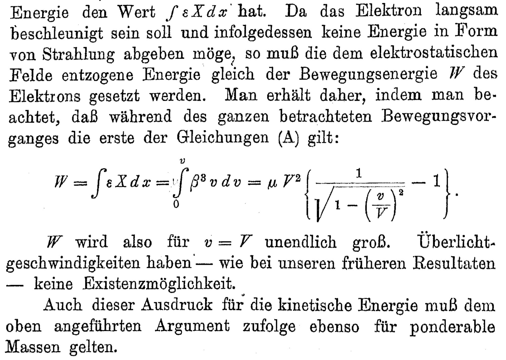 Excerpt from Einstein’s 1905 paper showing the formula for kinetic energy