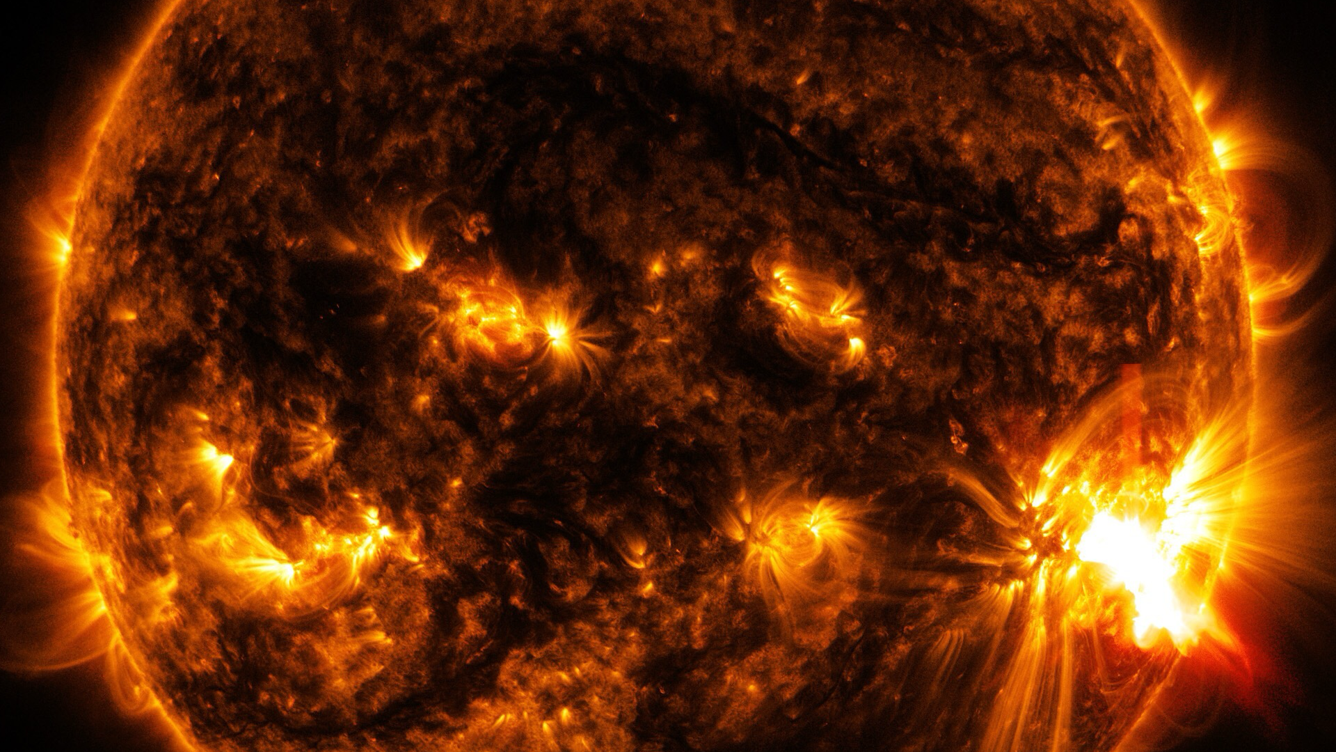Extreme ultraviolet image of the Sun showing an intense X2.0-class solar flare bursting from its limb against deep black space