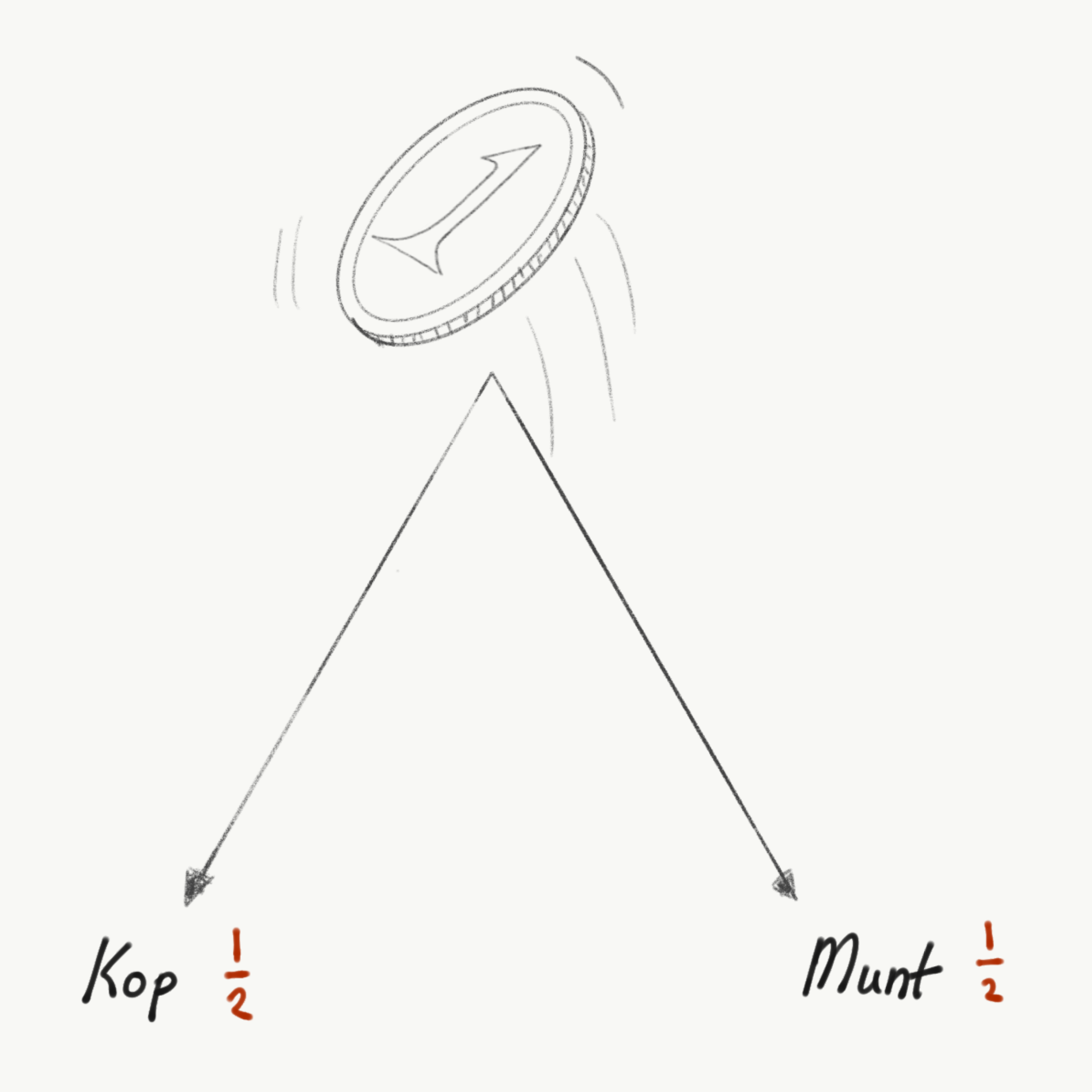 Hand-drawn sketch of a tossed coin branching into two equal downward arrows labeled Kop and Munt, each with a probability of one half.