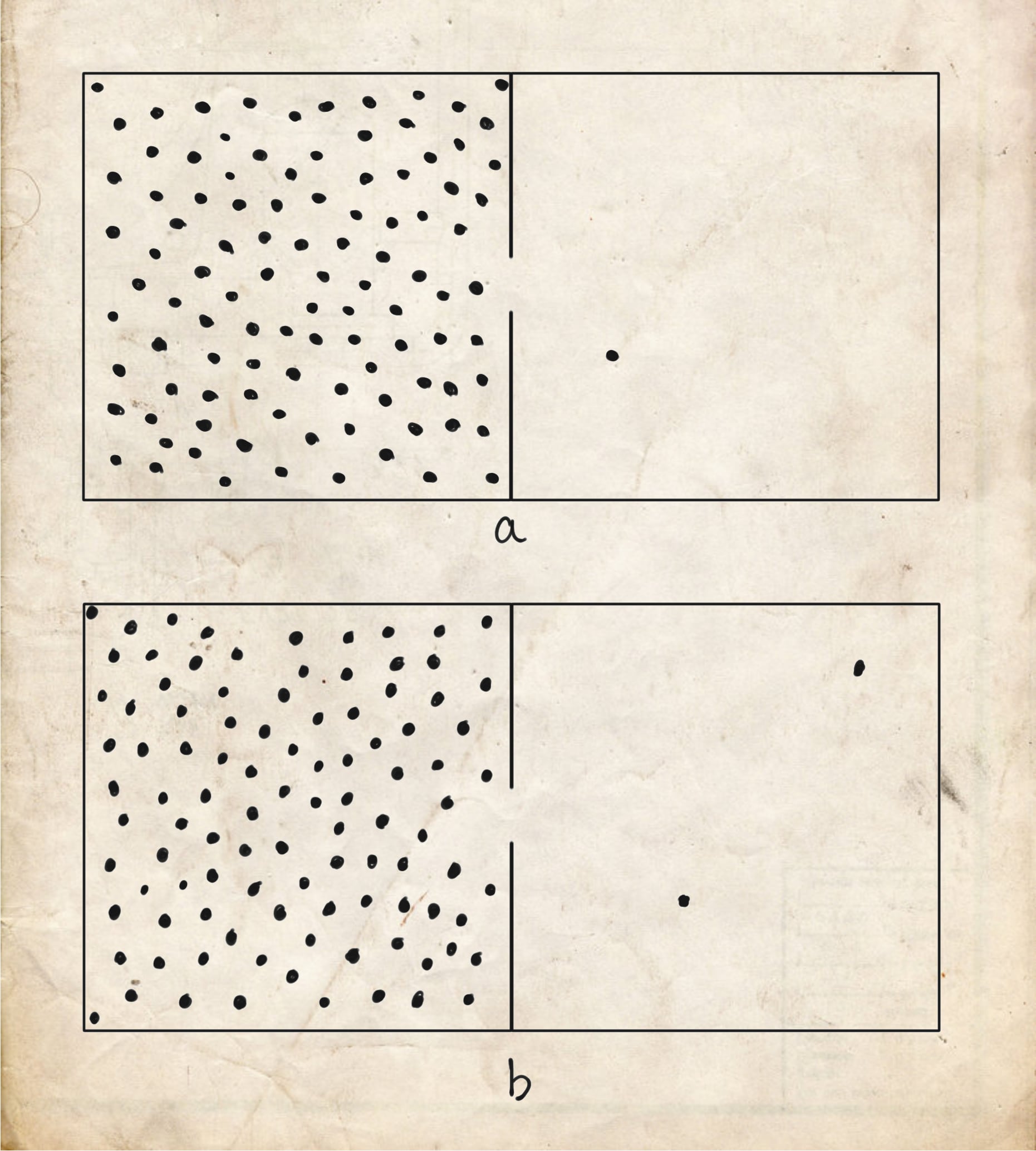 Hand-drawn diagram of two adjacent rectangular chambers connected by an opening: panel (a) shows 99 dots on the left and 1 dot on the right; panel (b) shows 98 dots on the left and 2 dots on the right.