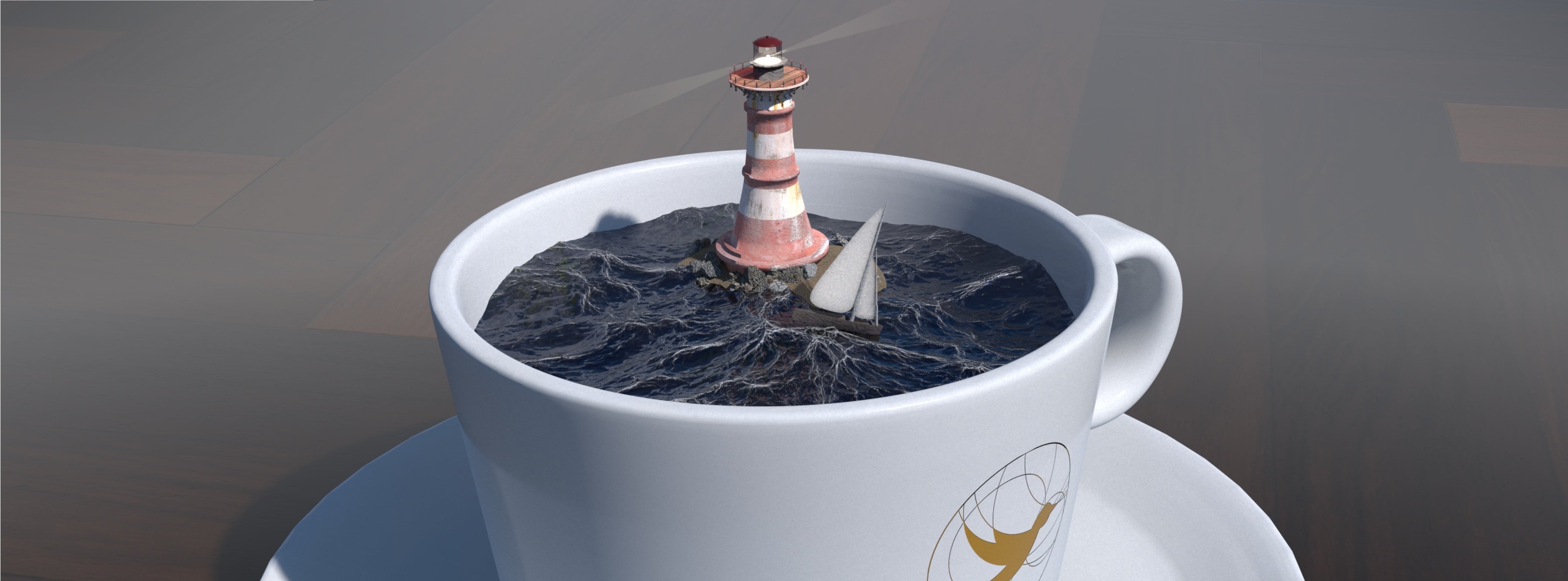 A white coffee cup filled with a stormy sea, featuring a red-and-white lighthouse on a rocky islet and a small sailboat navigating the waves.